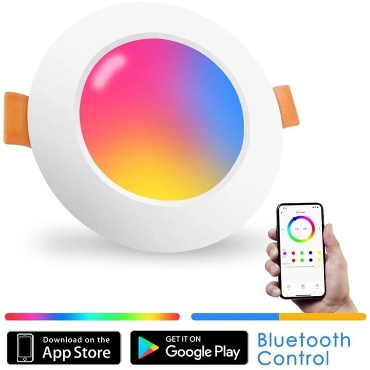 Spot led incastrat / downlight rgb, cu control bluetooth prin aplicatie, dimabil, rotund, alb, 1 buc