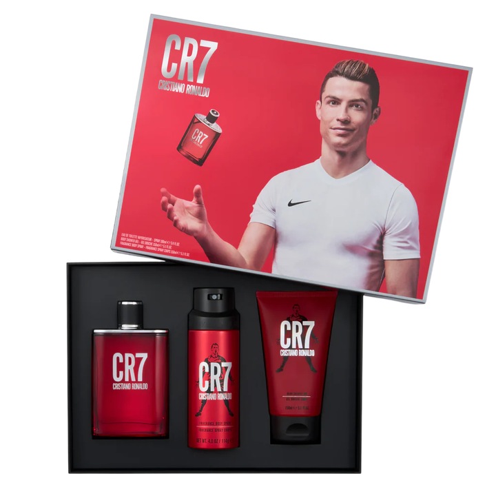 Cristiano Ronaldo: CR7, Eau de Toilette, Férfiaknak, 100 ml + CR7, Tusfürdő, minden bőrtípusra, 150 ml + CR7, Parfümös spray, Férfiaknak, 150 ml