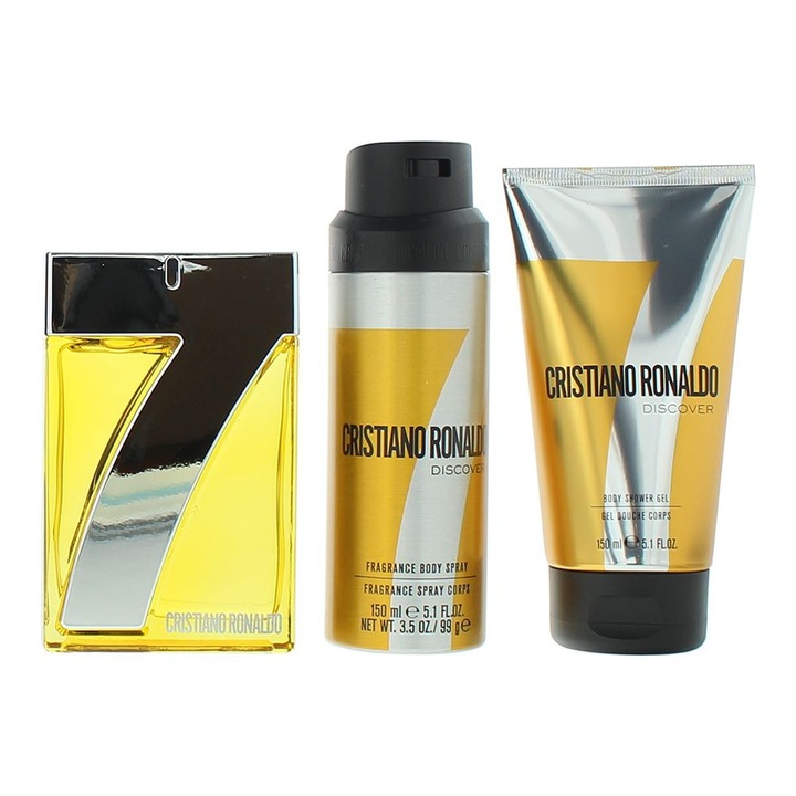 Cristiano Ronaldo: CR7 Discover, Eau de Toilette, Férfiaknak, 100 ml + CR7 Discover, Illatosított Spray, Férfiaknak, 150 ml + CR7 Discover, Tusfürdő, minden bőrtípusra, 150 ml