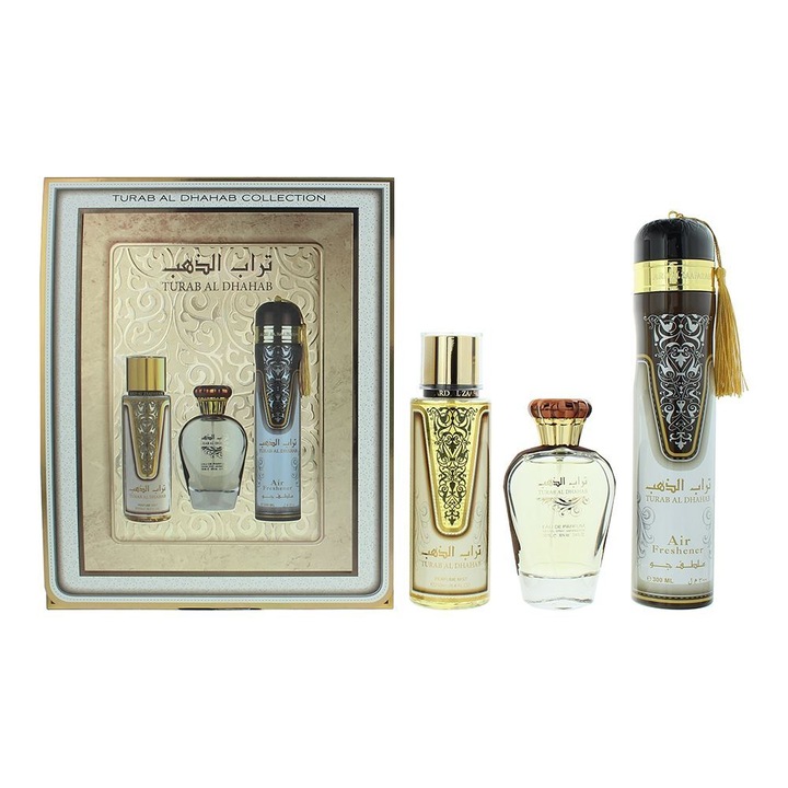 Ard Al Zaafaran szett: Turab Al Dhahab, Eau de Parfum nőknek, 100 ml+ Turab Al Dhahab, dezodor spray férfiaknak, 250 ml+ Turab Al Dhahab, szobaspray, 300 ml