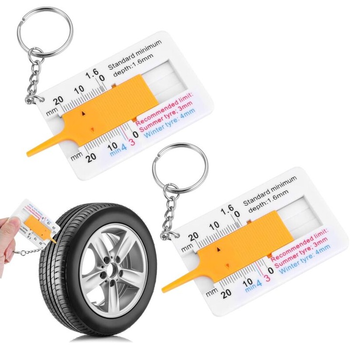 Calibru adancime profil anvelopa, indicator de adancime 0-20 mm, precizie 1 mm, din PP, cu inel pentru chei, alb/portocaliu, 2 bucati