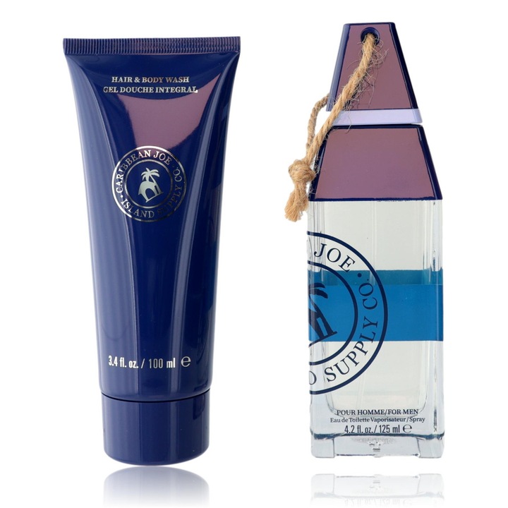 Caribbean Joe: Setul de parfum Island Supply Sapphire Sands, Eau De Toilette pentru barbati, 125 ml + Island Supply Sapphire Sands, Gel si sapun la baie 2-in-1, 100 ml