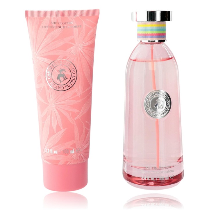 Caribbean Joe: Setul Insulelor - Orasul Paradisului Tropical, Eau de Parfum pentru Femei, 100 ml + Setul Insulelor - Orasul Paradisului Tropical, Ingrasamant hidratant pentru corp, 100 ml