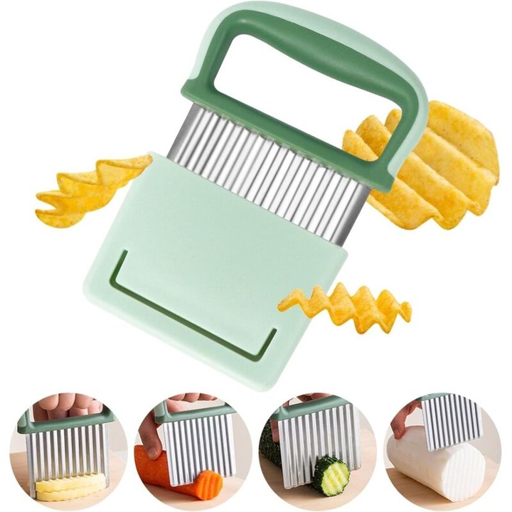 Cutit ondulat feliator pentru cartofi si legume, otel inoxidabil, lama ondulata pentru felii decorative, rezistent la coroziune, usor de curatat, compatibil masina de spalat vase, verde menta, 1 buc