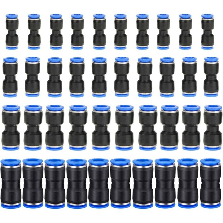 Set 40 bucati, racorduri / conectori pneumatici drepti cu montaj prin impingere pentru tub, din PU si plastic, rotire 360°, rezistente la presiune, negru/albastru, 10 x 6mm, 10 x 8mm, 10 x 10mm, 10 x 12mm