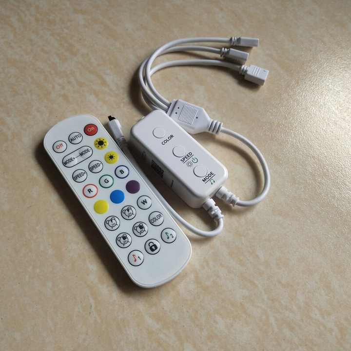 Bluetooth vezérlő RGB LED szalaghoz 5V-24V 4 tűs, zene szinkronizálás, APP vezérlés, távirányító, gombok, 1 port