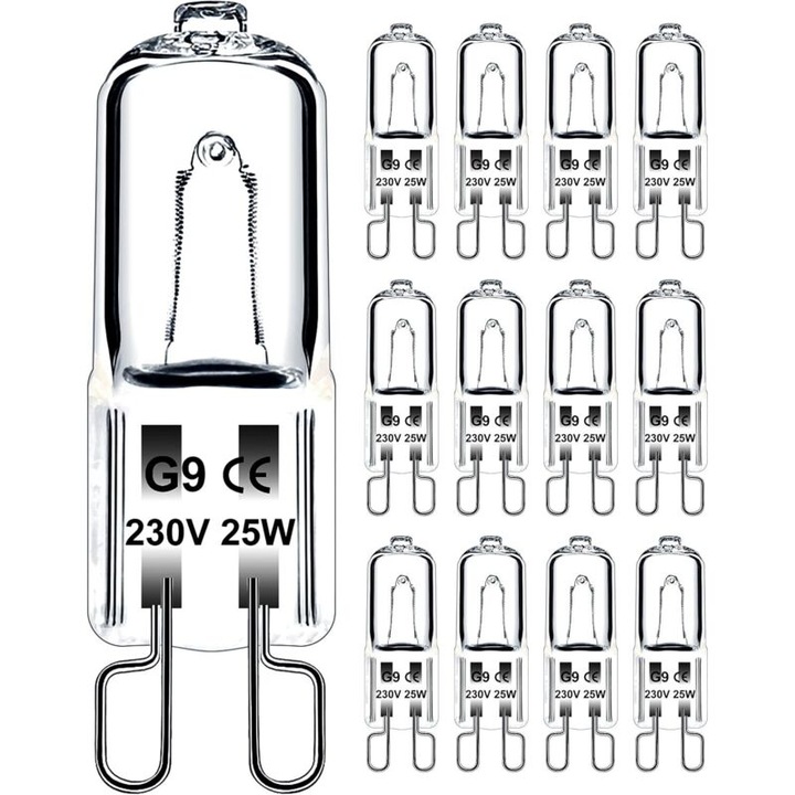 Комплект от 12 броя, Халогенна крушка G9 25W 230V, димируема, 480 lm, топло бяла 2700K, 2500 часа
