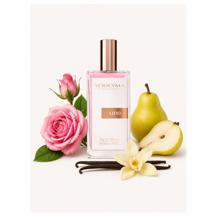 Apa de parfum Yodeyma Lido pentru femei, cu trandafir de Bulgaria, para si vanilie, feminitate moderna, combina prospetimea florala cu accentele dulci si senzuale, 50ml
