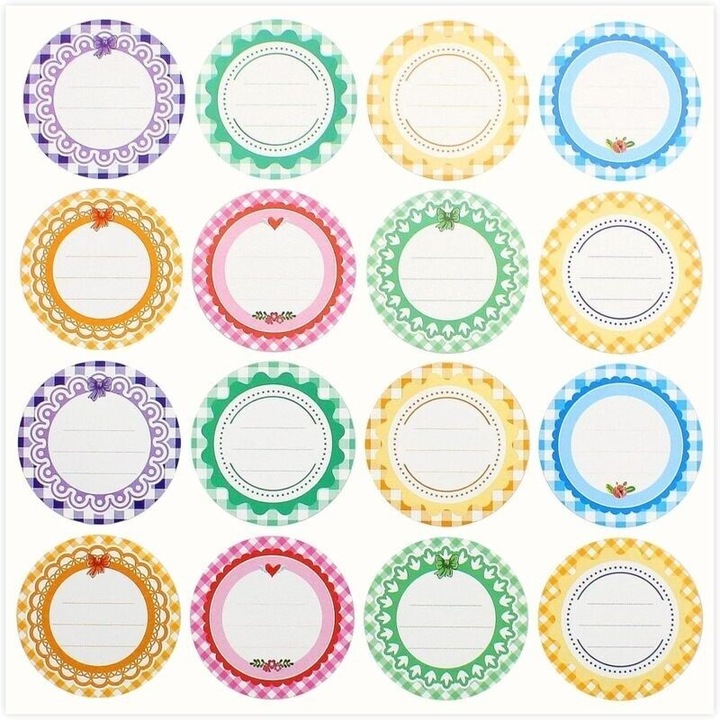 Etichete autocollante/adezive pentru borcane si conserve, rotunde, din PVC ecologic, usor de scris, 8 modele, Multicolor, 208 buc.