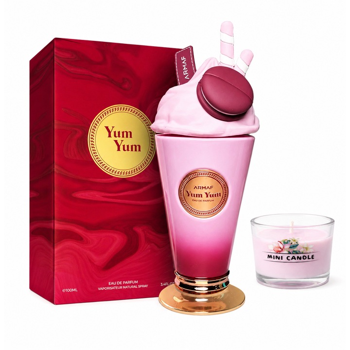 Pachet Apa de Parfum Armaf Delights Yum Yum, pentru femei, 100 ml, note fructate cu accente florale, Parfum Arabesc cu Lumanare parfumata