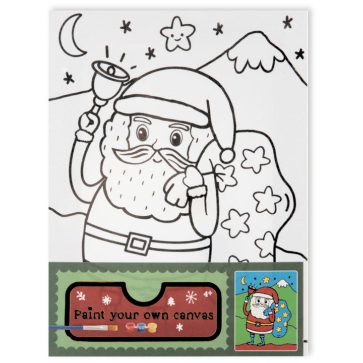 Set pictura pe panza Artmaker, imprimeu Mos Craciun, 3 vopsele acrilice si pensula, albastru, rosu, galben, 15x20 cm, grosime 1, 5 cm