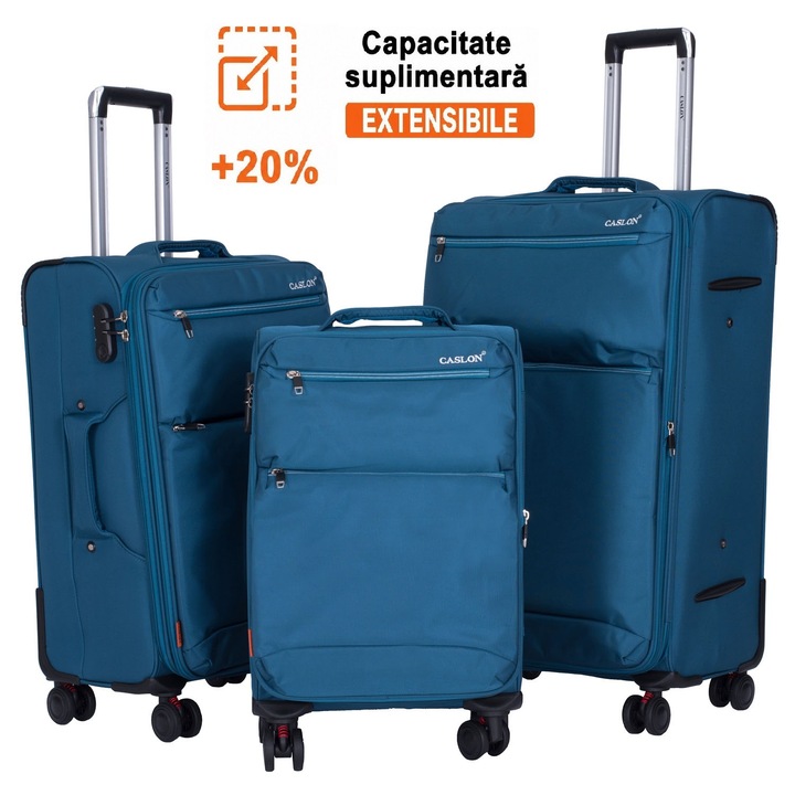 Set 3 trolere, Extensibile, Marime S+M+L, Valize cu fermoar antifurt, 4 roti duble antisoc cu rotatie 360°, Textil, Verde petrol, 7012, CASLON ®