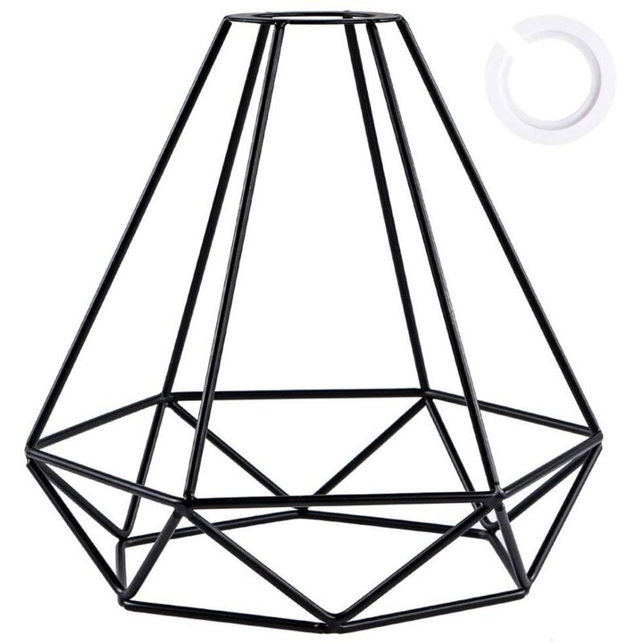 Abajur metalic retro, cu design tip cusca diamant, pentru lampa suspendata si tavan, include inel adaptor, negru, 20x20x19 cm