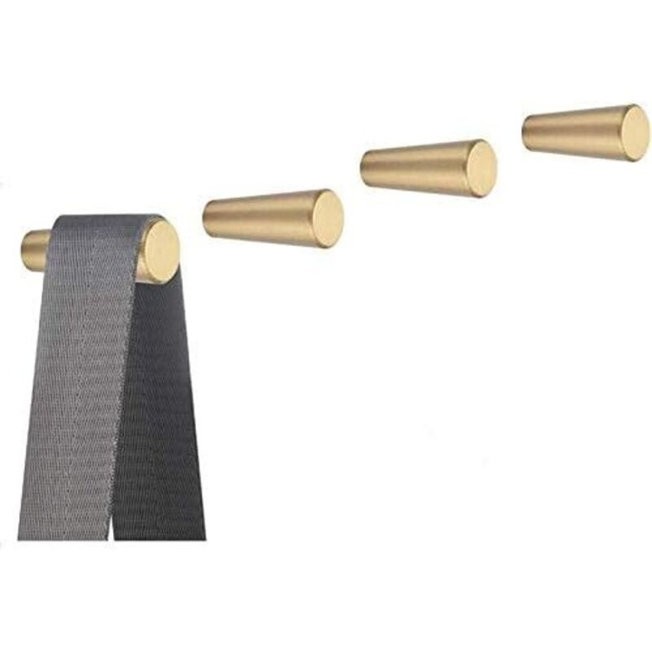 4 darabos készlet, kúpos, szálcsiszolt sárgaréz fali kampók, csavarokkal együtt, 45 x 15 mm, arany