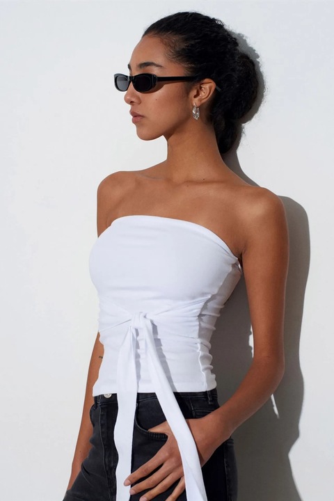 Bluza dama, Dilvin, bluza slim-fit fara bretele, detalii cu snur, alb, bumbac-modal-elastan