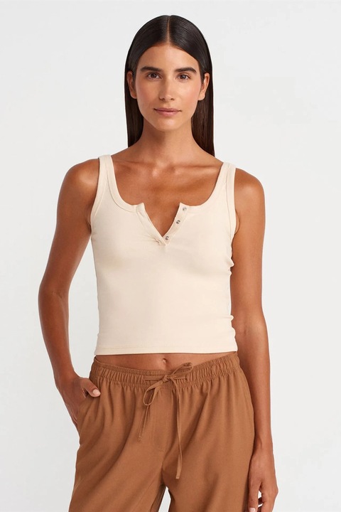 Maiou Crop Dilvin, crem natural, bumbac-modal-elastan, detalii cu nasturi