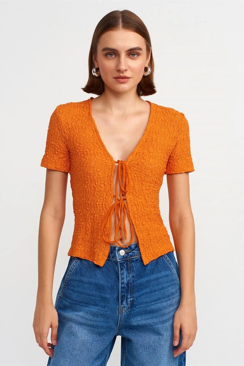 Bluza dama, dilvin, crop din dantela, portocaliu intens, detalii cu snur, maneca scurta, poliester-elastan, S INTL