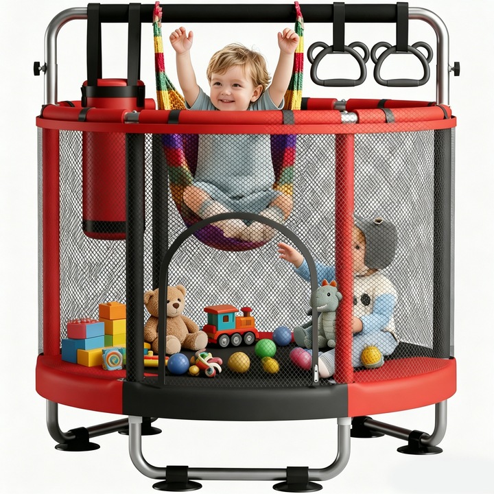 Gyermek trambulin, Wacorresi®, 140 cm átmérőjű, kerek forma, biztonsági hálóval, kosárlabda kosárral, hintával és kiegészítőkkel, 200 kg teherbírás, beltéri vagy kültéri, az egyensúly fejlesztésére, + 3 év, piros