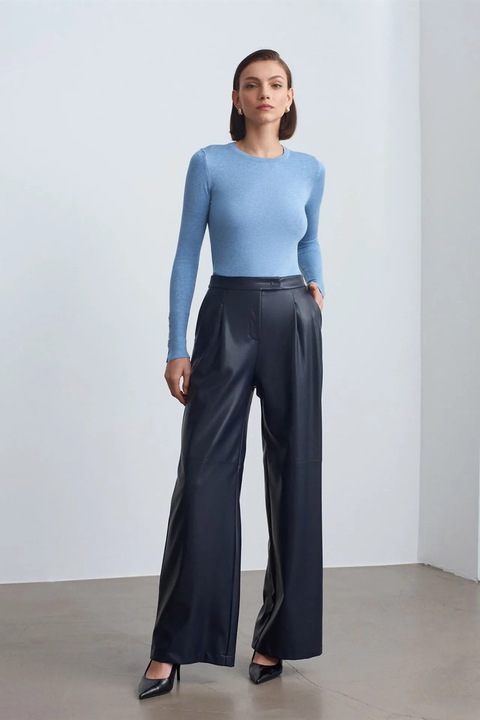 Pantaloni dama, Dilvin, talie inalta, croiala larga, albastru marin, imitatie de piele