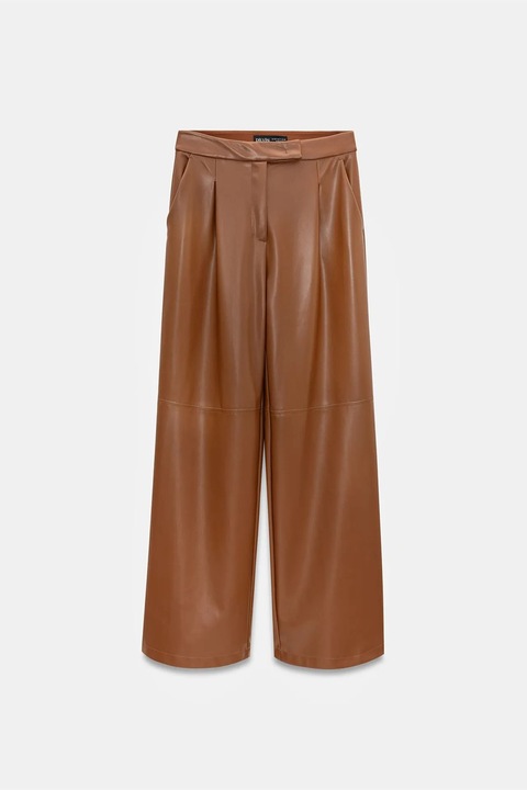 Pantaloni dama, Dilvin, talie inalta, croiala larga, maro camel, imitatie de piele