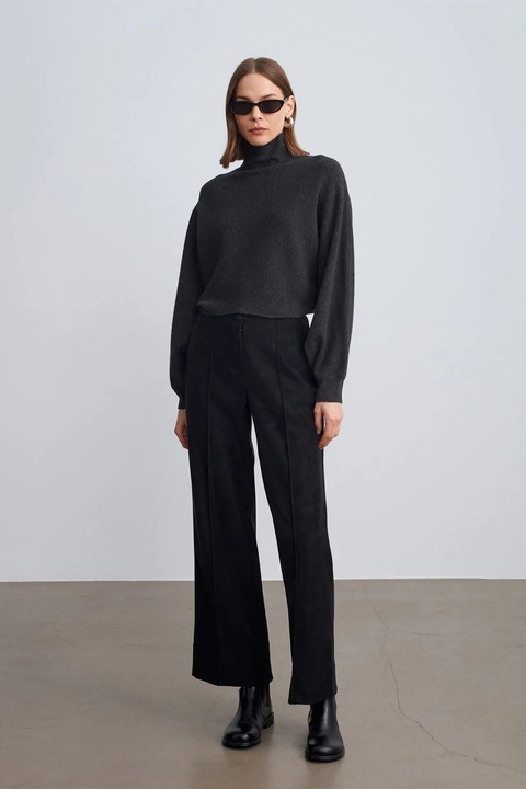 Pantaloni dama, Dilvin, talie inalta, negru, imitatie de piele