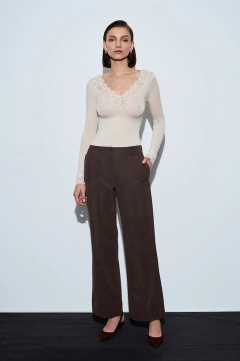 Pantaloni dama, Dilvin, talie inalta, croiala larga, maro mocha inchis, imitatie de piele
