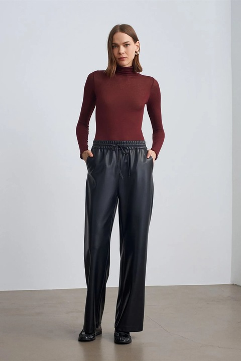Pantaloni dama, Dilvin, picior larg, elastic, negru, imitatie de piele