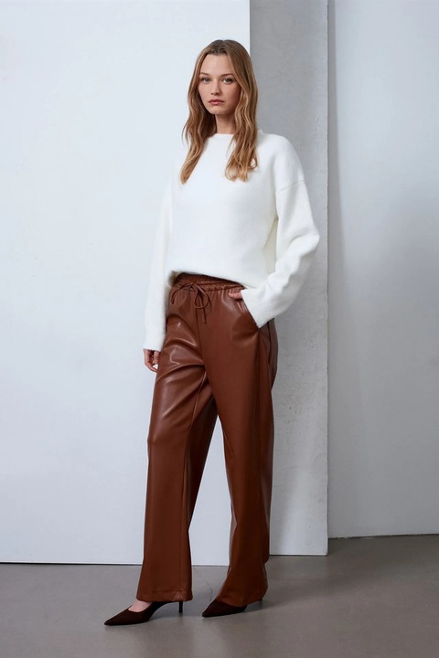 Pantaloni dama, Dilvin, picior larg, elastic, maro nuc, imitatie de piele