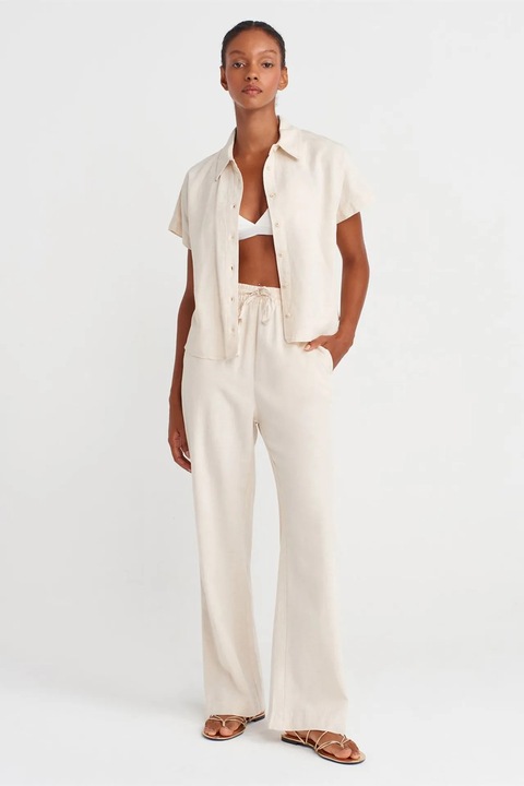 Pantaloni dama, Dilvin, picior larg, talie cu snur, Oatmeal Natural, 54% viscoza, 32% bumbac, 14% in