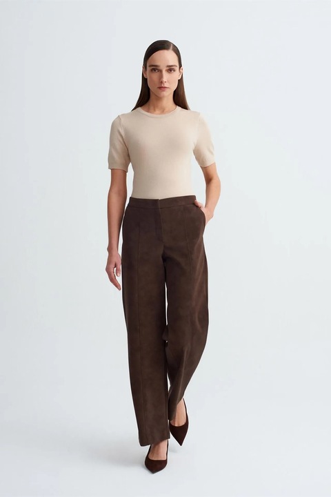Pantaloni dama, Dilvin, cu talie inalta, croiala larga, maro cafea, imitatie de piele intoarsa