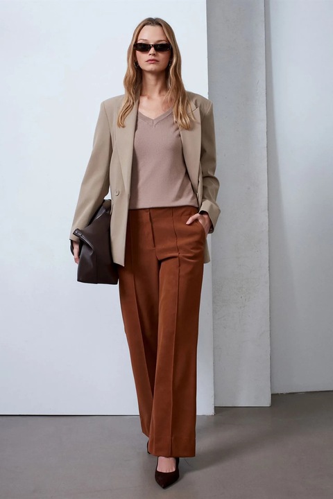 Pantaloni dama, Dilvin, talie inalta, croiala larga, maro nuc, imitatie de piele