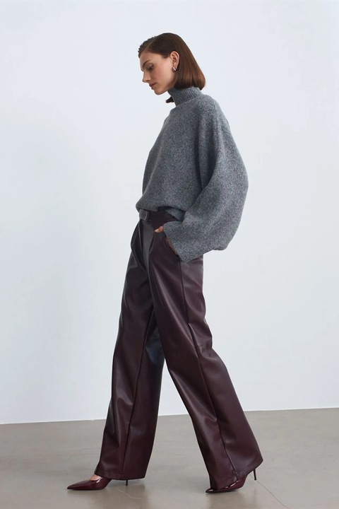 Pantaloni dama, Dilvin, talie inalta, picior larg, rosu burgundy, imitatie de piele