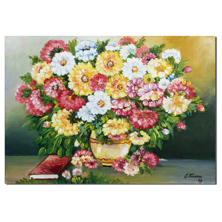 Tablou cu bujori, crizanteme, margarete si carte, Beatitudine, 70x50cm ulei pe panza Constantin Feraru