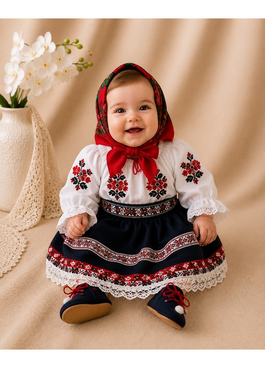 Keresztelő szett, hagyományos kislányoknak, szoknyából, ingecskéből, kendőből, kiscipőből, táskából áll