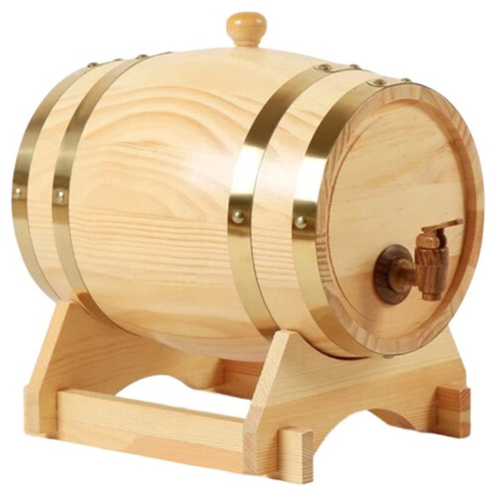 Fa hordó (tartály) whiskyhez, állvánnyal és csappal, dugóval, természetes fa, 1,5 L