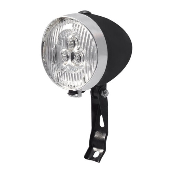 Kerékpár első lámpa / első világítás, 3 LED, 3 világítási mód, fém villára szerelhető, retro design, MTB kompatibilis, fekete/ezüst