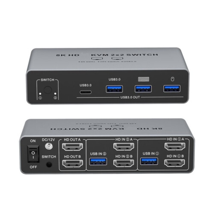 KVM kapcsoló 2x2, 8K kompatibilis, Dual-Screen 2 bemenet-2 kimenet, HDMI USB 3.0-val monitor, billentyűzet és egér megosztásához, Ezüst, 1 db