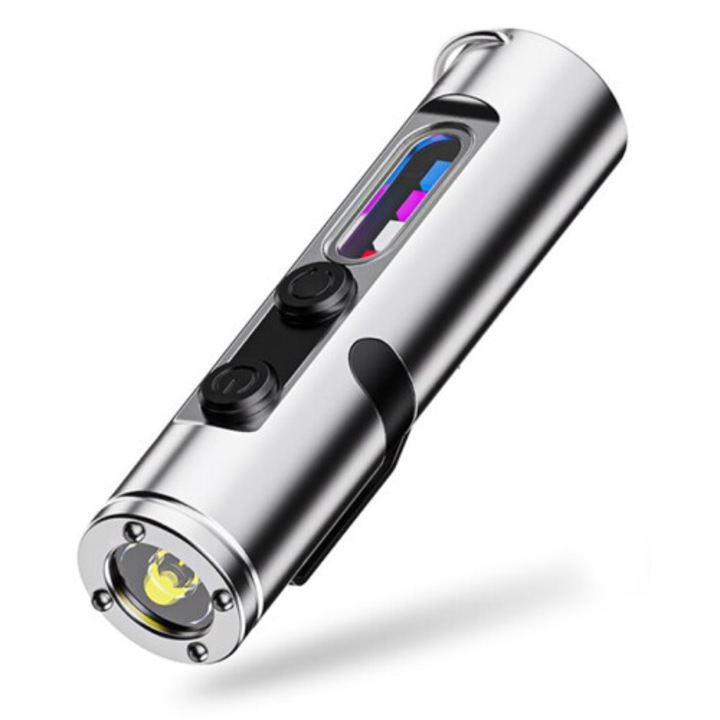 EDC zseblámpa, újratölthető, 500 lumen, kulcstartó gyújtás funkcióval és üvegtörővel, 3 színes oldalsó fény, Ezüst, 1 db