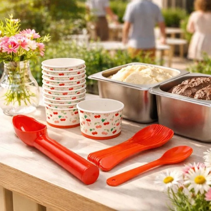 Set 12 Cupe pentru Inghetata din Carton cu Lingurite & Scoop