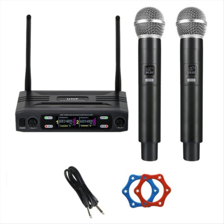 UHF kétcsatornás vezeték nélküli mikrofonrendszer, dinamikus, vezeték nélküli, karaoke-hoz, fekete színű, standard méretek