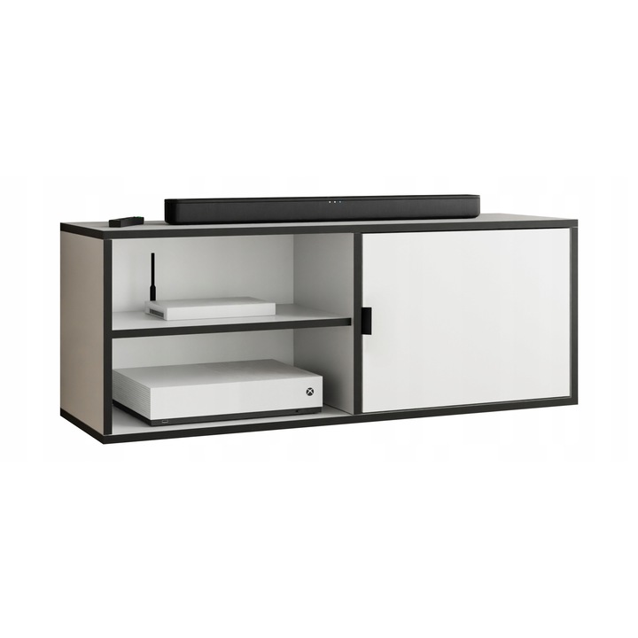 KIER LUNO 2 nyitott TV komód – laminált PAL nappali bútor, 104x42x38 cm – Fehér és Fekete, prémium minőség, saját összeszerelés
