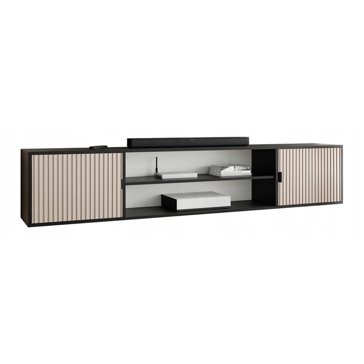 KIER ELI 4 nyitott TV szekrény – laminált PAL nappali bútor, 206x42x38 cm – Fekete, prémium minőség, saját összeszerelés