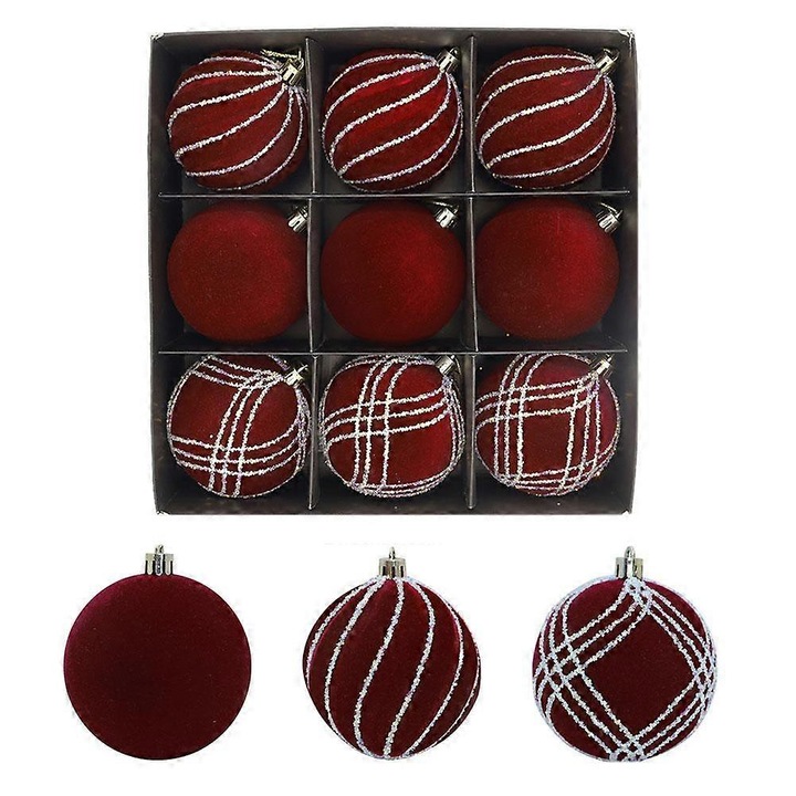 Set 9 globuri Craciun catifea rosu vin 8cm