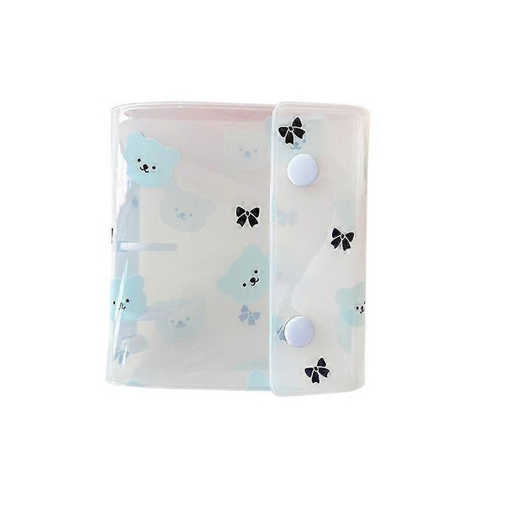 Mini album carduri, mini carnet de colectie din plastic, inchidere dubla cu capse, mecanism 3-inele detasabil compatibil carduri 3-inch, buzunar interior cu fermoar, alb translucid cu ursuleti bleu, 1 buc