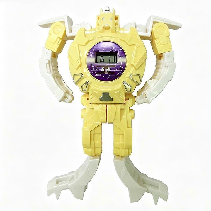 Műanyag játékrobot, digitális kijelzős elektronikus órával, átalakítható, gyerekeknek, sárga, 8 cm