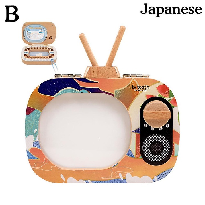 Cutie amintiri pentru dinti de lapte TV, din lemn fag, cu compartimente individuale si spatiu pentru par de bebelus, Multicolor, 14.5x15.5x5.6 cm