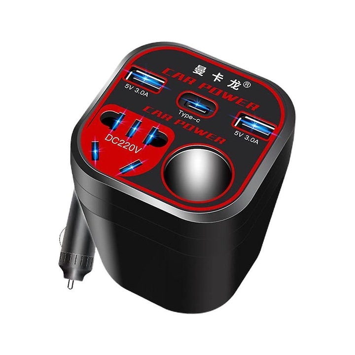 Autós inverter 12V/24V, LED kijelző, 3 USB port (2x 5V 3,0A + Type-C), 220V AC aljzat, max. 200W teljesítmény, fekete/piros, 1 db