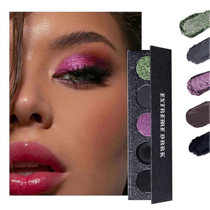 Paleta fard pleoape, paleta de machiaj pudra, 5 culori, rezistenta la transpiratie, fixare pana la 12 ore, Gothic & Smoky 02, Multicolor