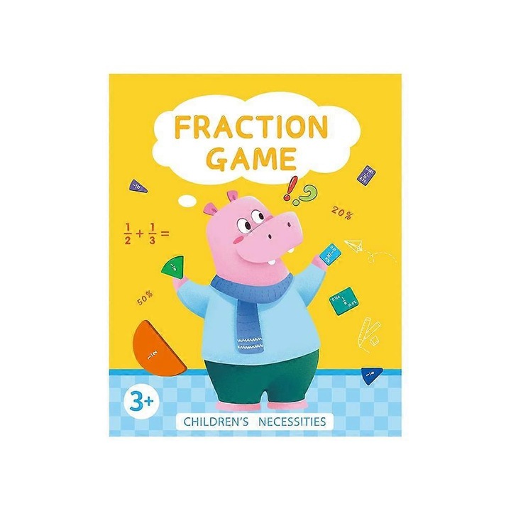 Joc educativ magnetic fractii, Hipopotam, 51 piese, piese tip felie si dreptunghi pentru invatare practica, din hartie ecologica, Multicolor, 22x18.5x1.5 cm