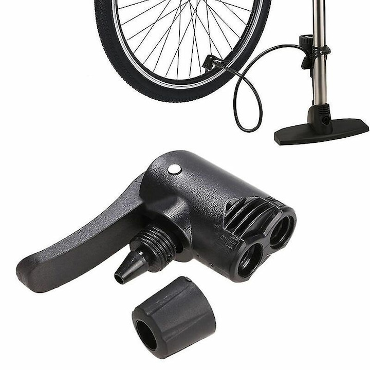 Adaptor pentru pompa, compatibil Presta/Schrader, cap dublu, din plastic, negru, 1 bucata